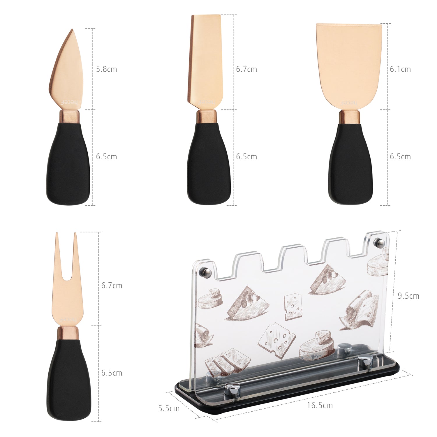 Hecef Kitchen Black Golden Cheese Knife Set of 5 with Acrylic Stand - Hecef Kitchen