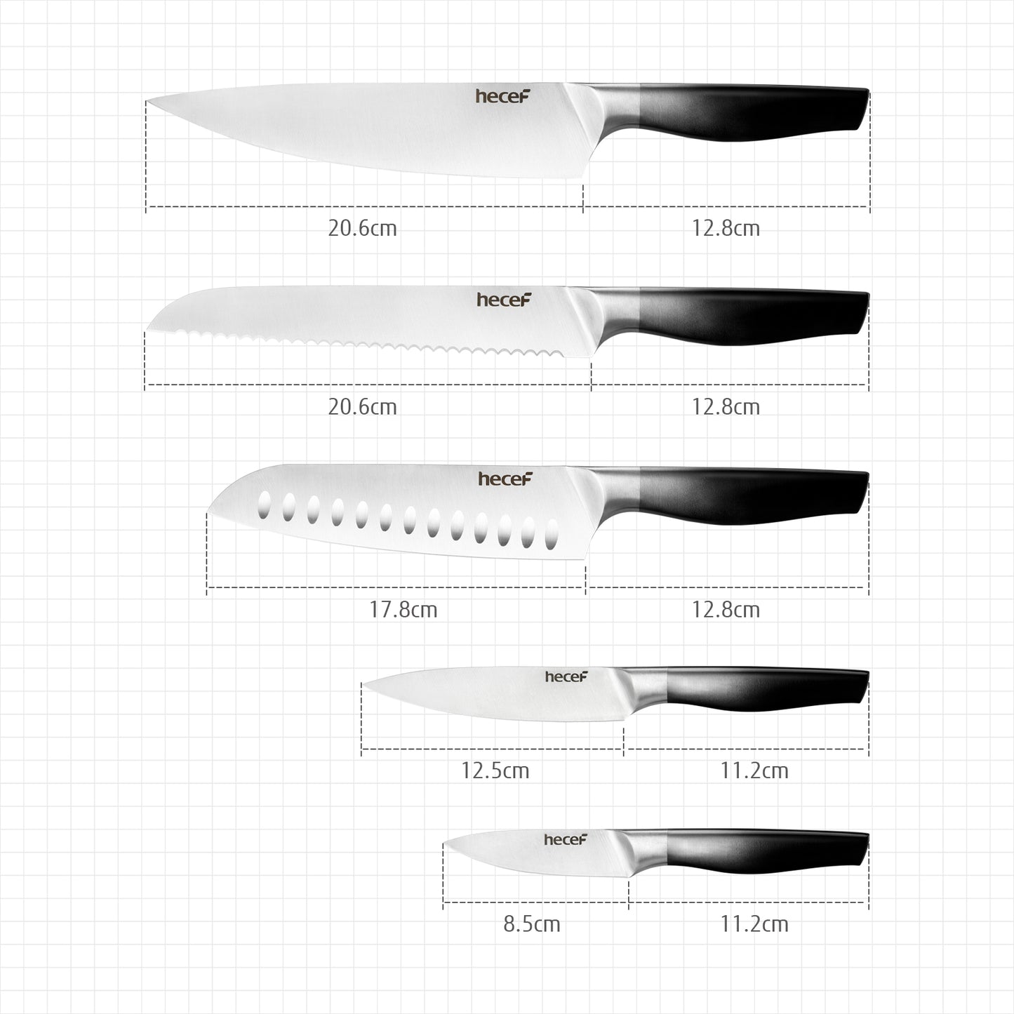 Black Gradient Kitchen Knives Set of 5 Chef's Knife Set with Satin Blade & Hollow Handle & Protective Covers Includes Cook, Santoku, Bread, All Purpose & Vegetable Knife - Hecef Kitchen