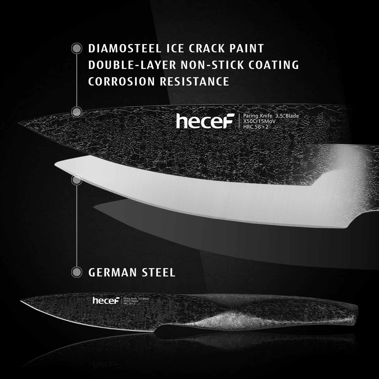 hecef Ice Crack Paring Knife 3.5 inch, Small Kitchen Knife for Peeling, Super Sharp Stainless Steel & Diamond Steel Ergonomic Handle, Black - Hecef Kitchen