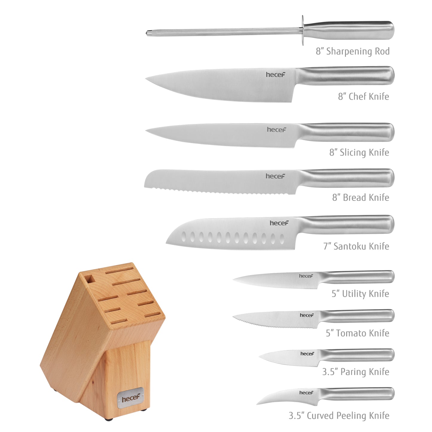 Hecef Kitchen Knife Set of 10 with Knife Block & Honing Steel - Hecef Kitchen