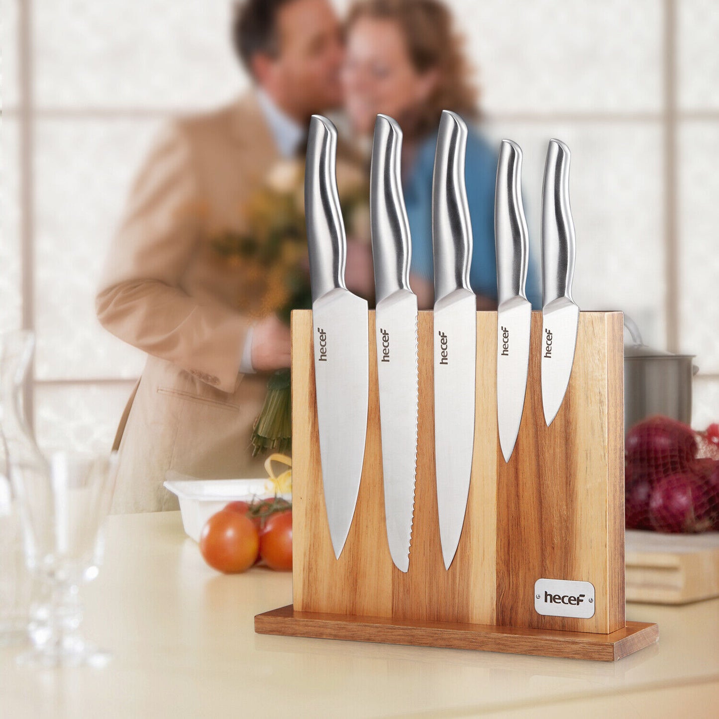 hecef 6 Pcs Knife Set with Stand, Double Sided Powerful Magenetic Acacia Wood Block, All Metal Construction Stainless Stain Hollow with Tapper Base Knife Gift Set - Hecef Kitchen